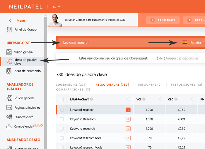 Como hacer un keyword research gratis ubersuggest